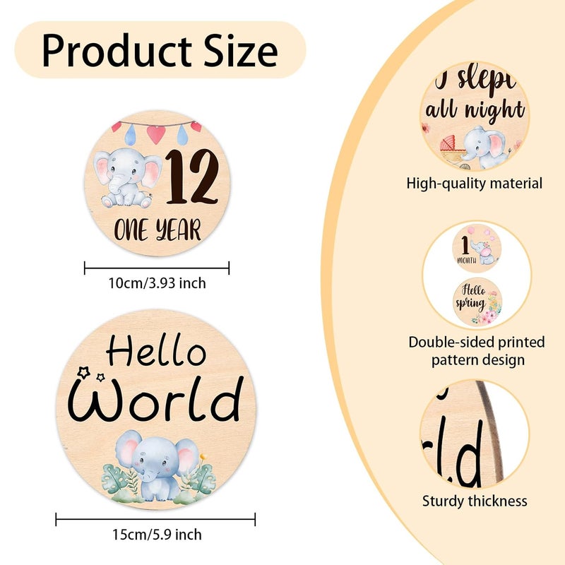 MCIAONE Baby Monthly Milestone Cards Signs - 13 Double Sided Little Elephant Milestone Cards, "Hello" Wooden Circles Discs for Photo Props Elephant Newborn Announcement Marker, Baby Shower Newborn Sign Gift - Image 3